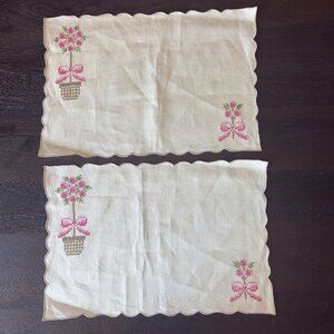 Vintage Placemats Linen Hand Embroidered Cottage Core Floral Set Of Two